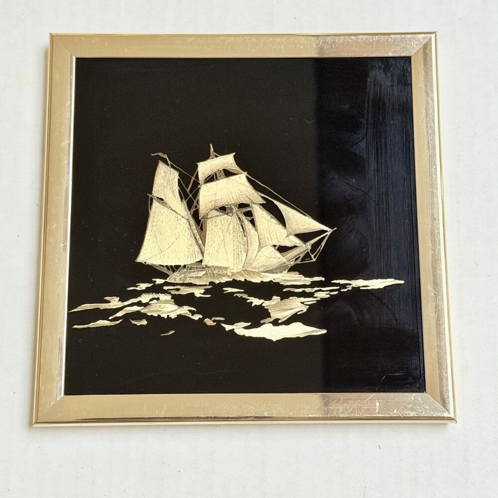 Gold Foil Art Etching Sailboat Pirate Ship Sea Picture Frame Iridescent Gift